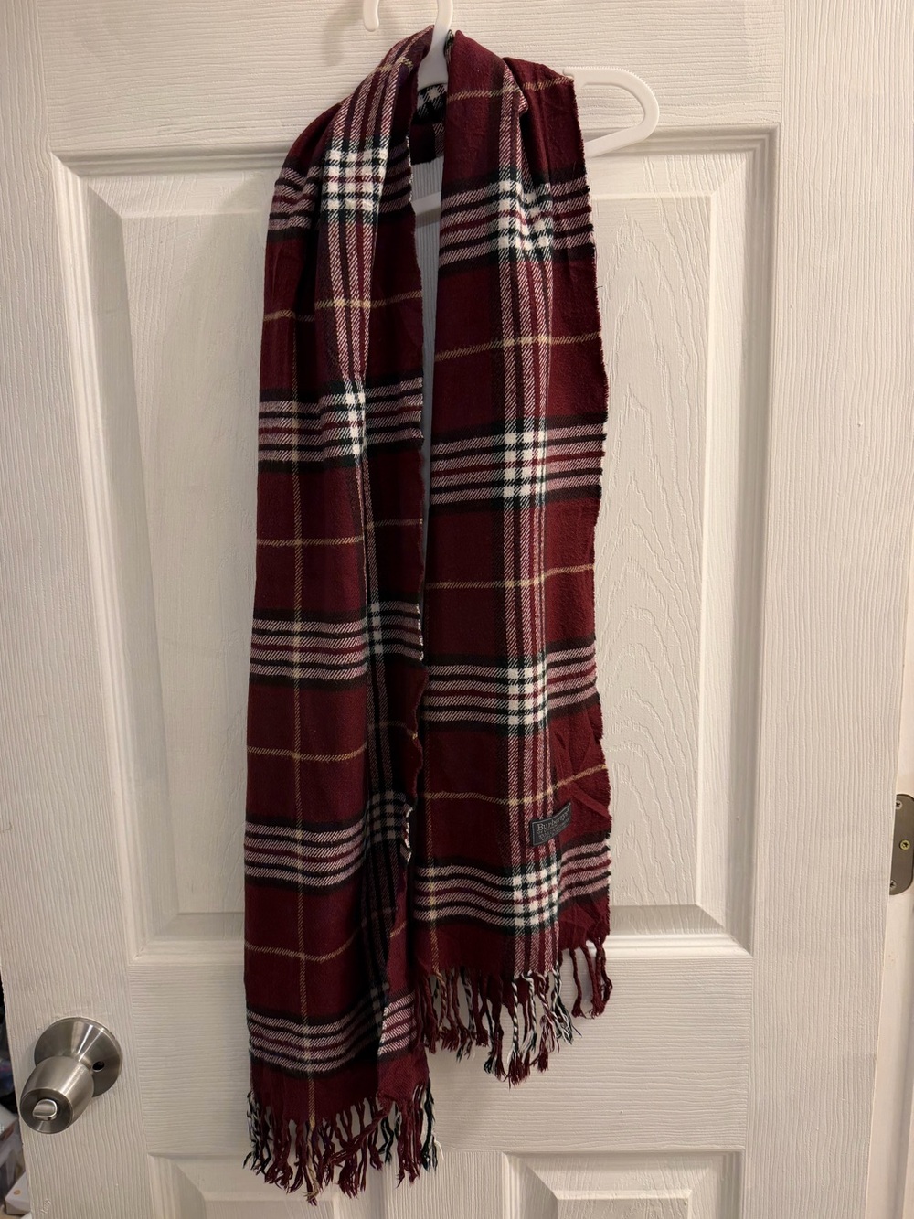 Vintage Burberry Burgundy Plaid Fringe Scarf